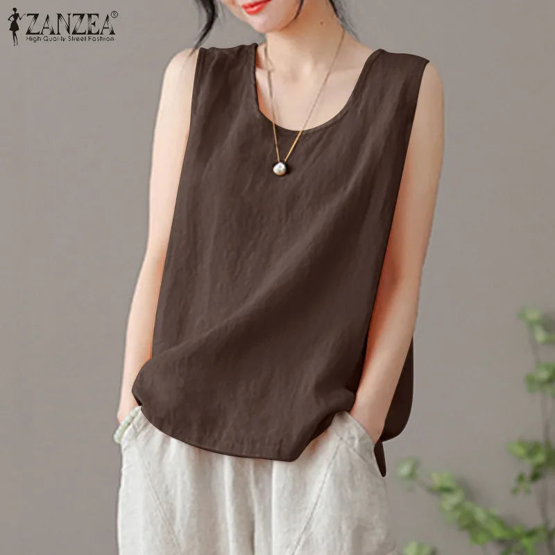 2024 ZANZEA Fashion Summer Beach Shirt Women O Neck Sleeveless Tanks Tops Female Party Solid Loose Blouse Elegant OL Work Blusas