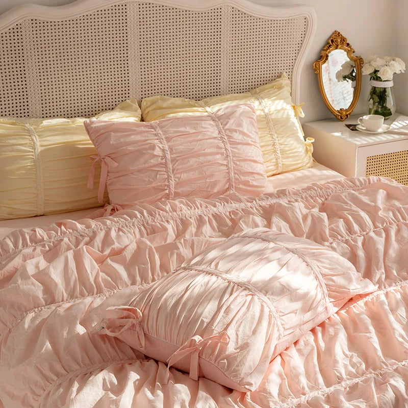100% Cotton Washed Ruffle Bedding Set White Duvet Cover Set Queen King Size With Bow Ties Ultra Soft Breathable 4Pcs Bedclothes
