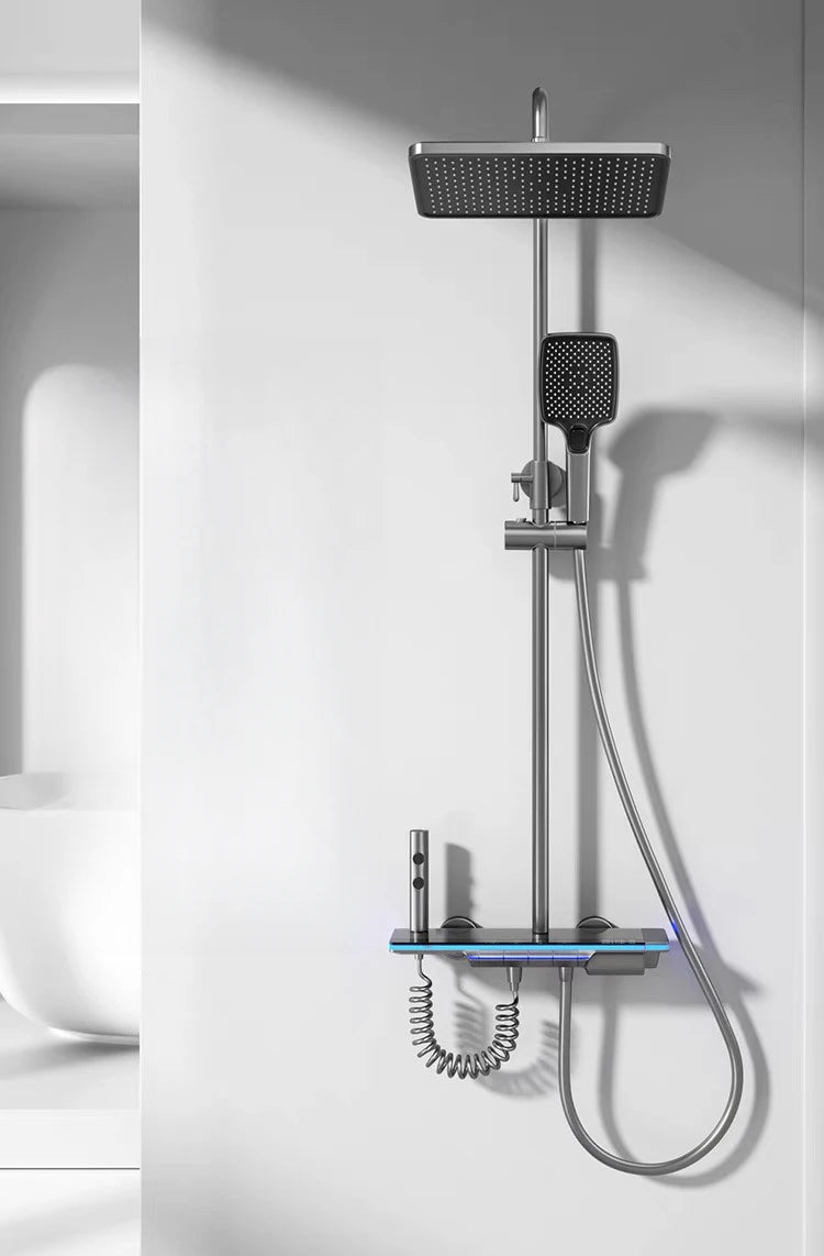 Black Shower Set Bathroom Hot and Cold Mixer Shower Mixer LED Digital Ambient Light Bathtub Wall Mounted Grey Shower System