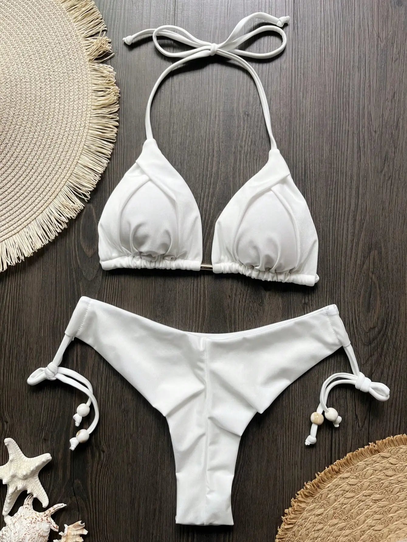 Solid color bikini set 2026 women's new swimsuit 2-piece set bead neck hanging bikinis summer beach Swimwear