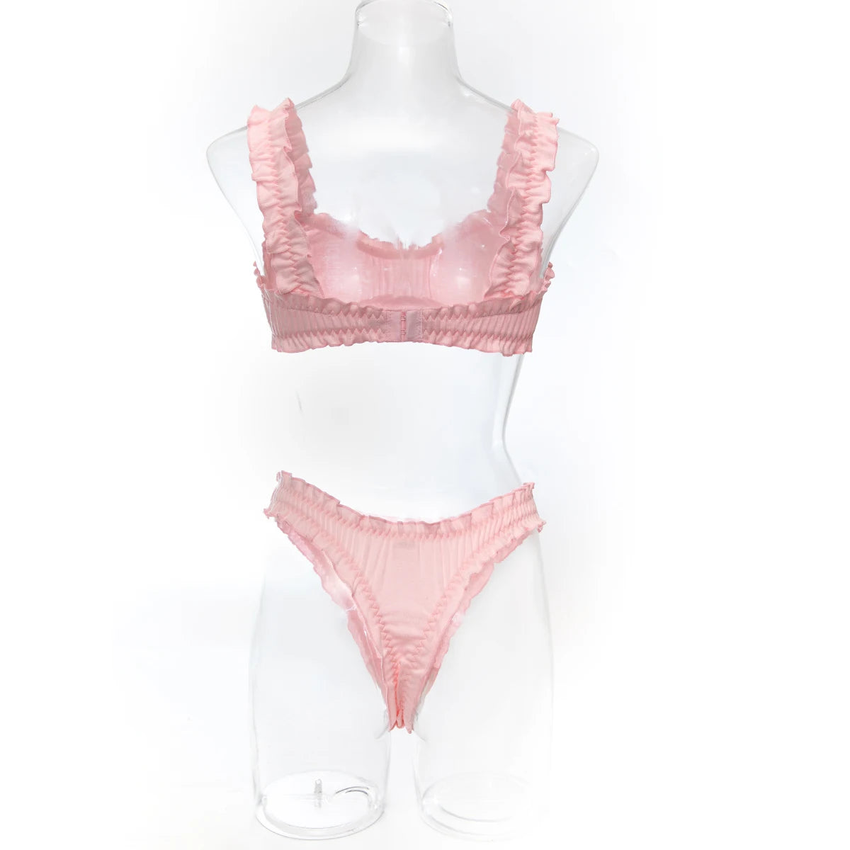 Sexy Women  Ruffle Edge Lingerie Set Breathable Hollow Eyelet Texture Bralette & High‑Cut Thong Soft Cotton Daily Intimate Wear