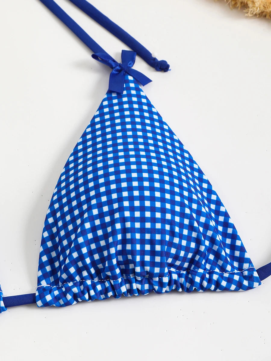 Sexy Bikini Women's Swimsuit Butterfly Decor Checked Swimwear 2026 Halter Thong Bikinis Sets Swimming for Beachwear Bathing Suit