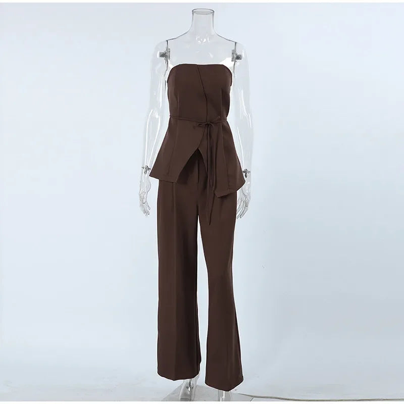 Women Pant Sets Sexy Backless Straps Sleeveless Lace Up Vest Loose Wide Leg Pants Suit Female Summer Fashion Lady Outfits