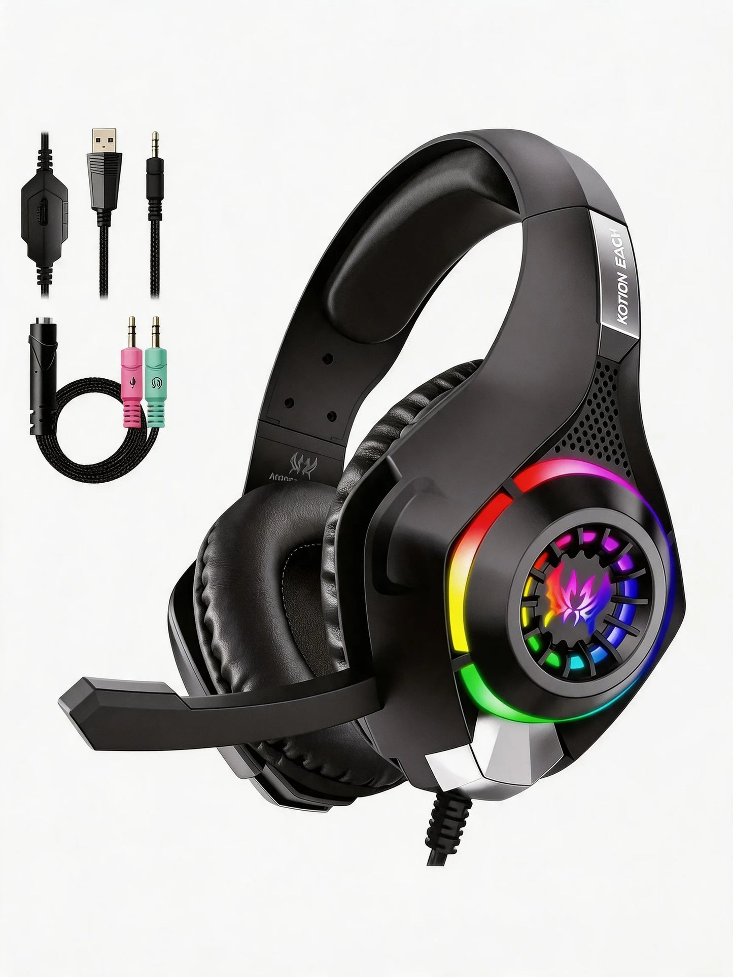 Gaming Headset for PC, PS4, PS5, Gaming Headphones with Noise Cancelling Mic RGB Light, Bass Surround, Soft Memory Earmuffs Over