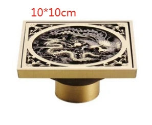Shower Drains 10*10cm Square Bath Drains Strainer Hair Antique Brass Fish Carved Bathroom Floor Drain Waste Grate Drain