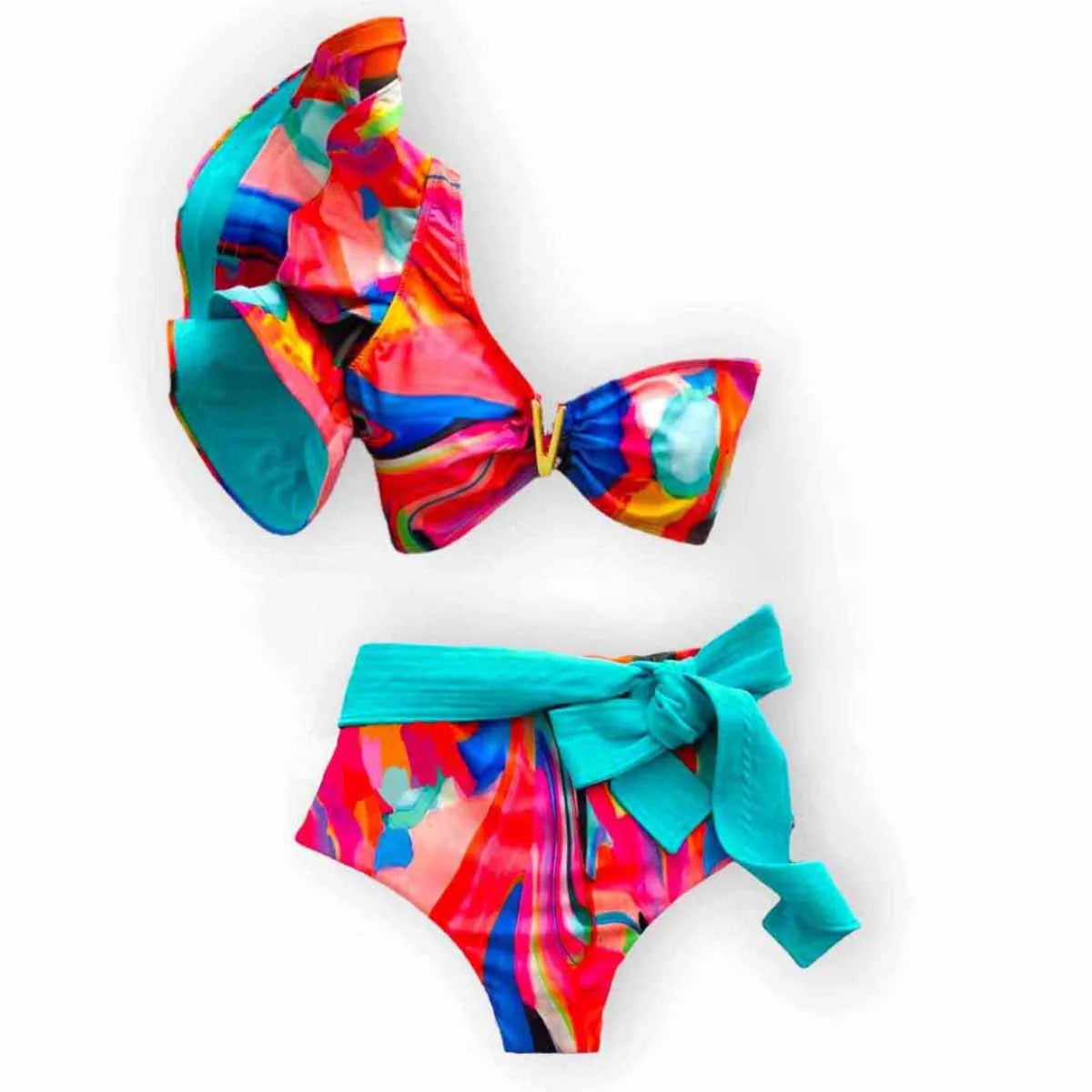 2026 Sexy Bikini Set Women High Waist Classic Off Solid Ruffle Sleeves Swimwear Red Separate Deep V Swimsuit Vintage Beach Set
