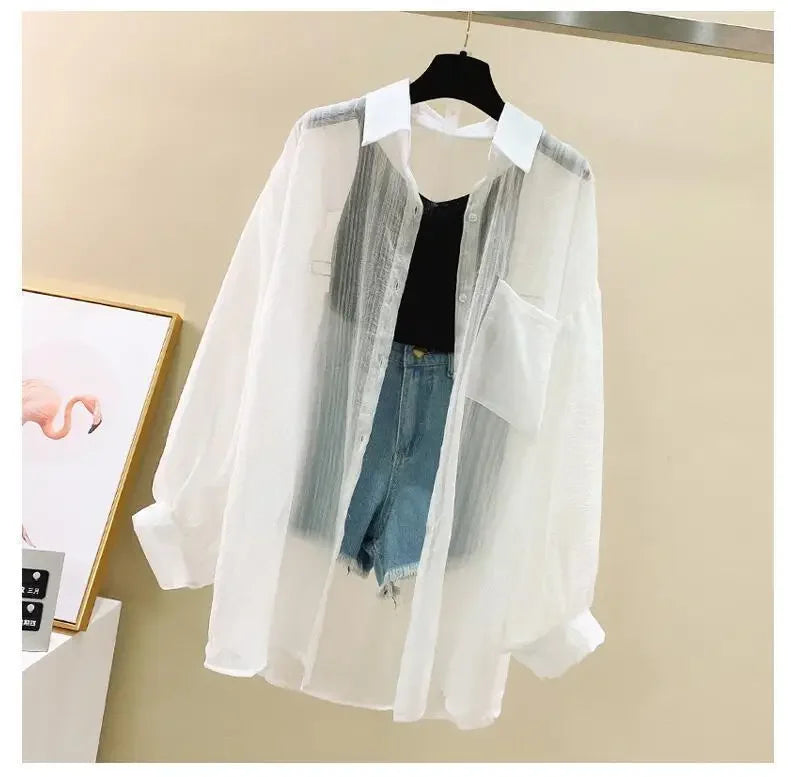 Summer Women's Elegant Chiffon Sunscreen Shirt Korean Harajuku Style See-Through Loose Blouse Thin Perspective Cardigan Yk2 Tops