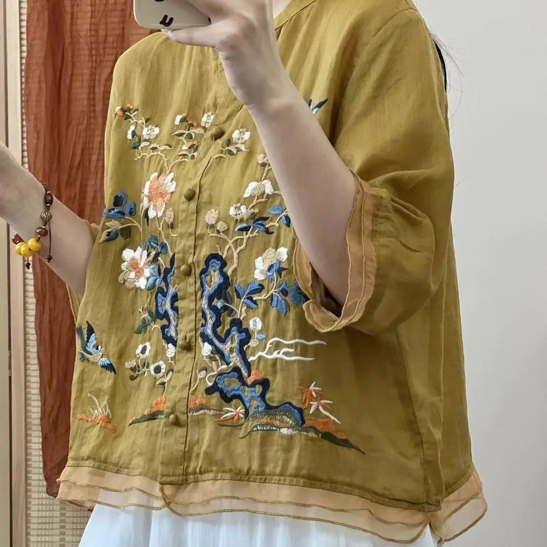 Luxury Embroidery Vintage Shirts Summer Women's Clothing Trends Tops Casual Cardigan Loose Short Coat Patchwork Buttons Blouses
