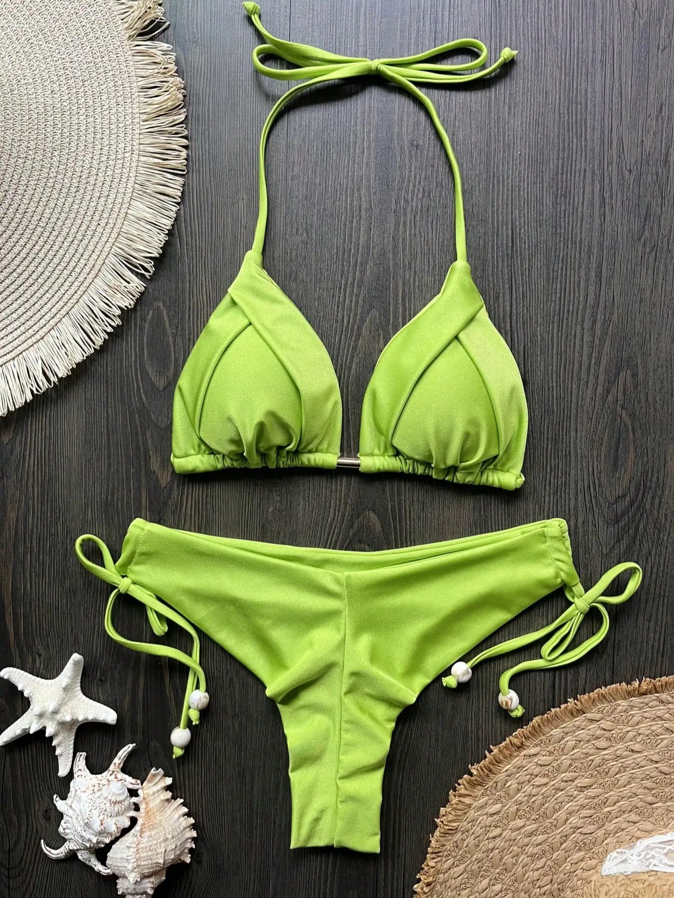 Solid color bikini set 2026 women's new swimsuit 2-piece set bead neck hanging bikinis summer beach Swimwear