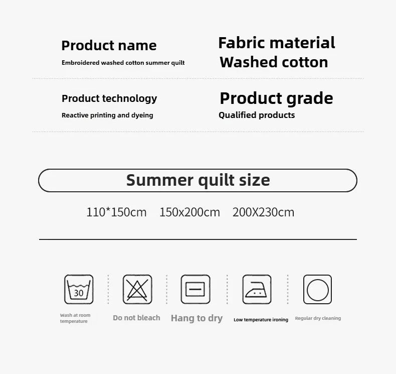 2025 New Embroidered, washed cotton, summer quilt, air-conditioned, skin friendly, breathable, machine washable bedding