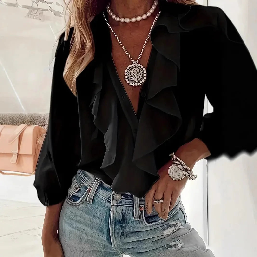 Fashion Ruffles V-neck Blouse Women 2024 Summer Casual Long Sleeve Solid Color Shirts Blouses Tops Femme