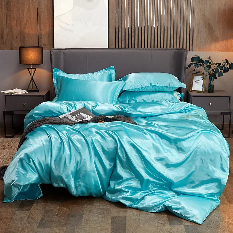 Solid Color Silk-like Bedding European and American Bed Sheet Quilt Cover Pillowcase