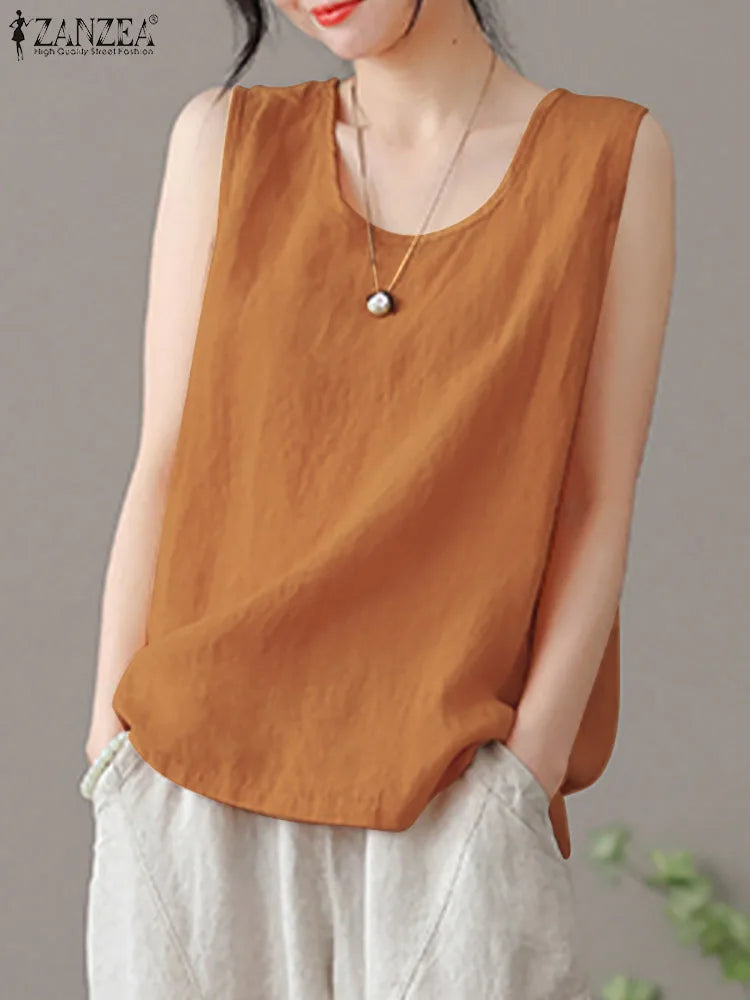 2024 ZANZEA Fashion Summer Beach Shirt Women O Neck Sleeveless Tanks Tops Female Party Solid Loose Blouse Elegant OL Work Blusas