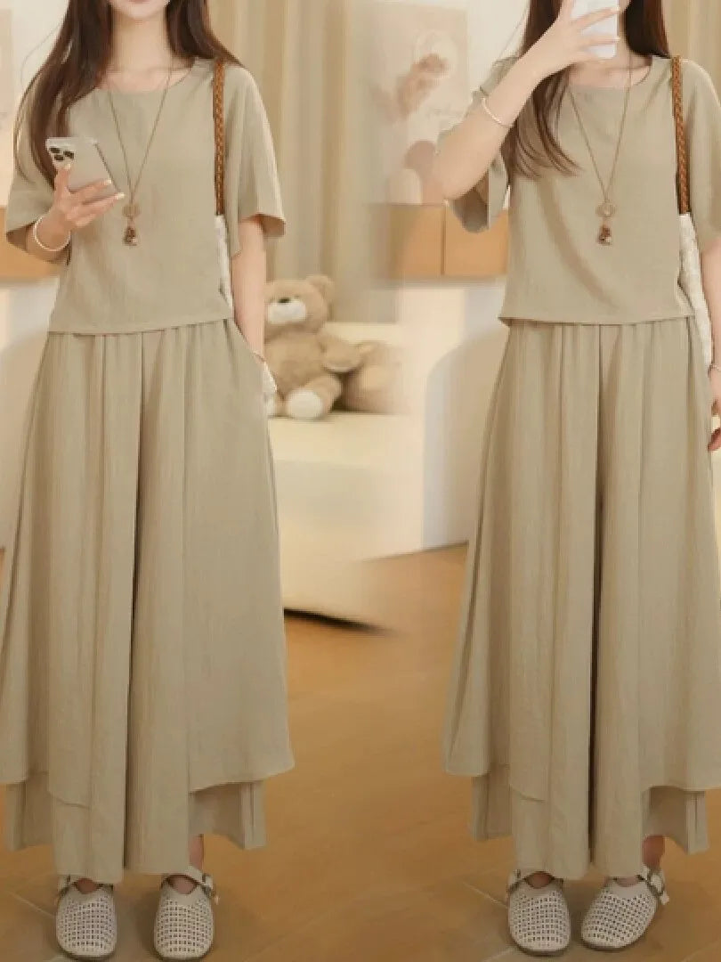 Fashionable Summer Outfit Women's Slimming Short Sleeve T-Shirt Skirt Pants Drapey Casual Meat Concealing Two-Piece Set