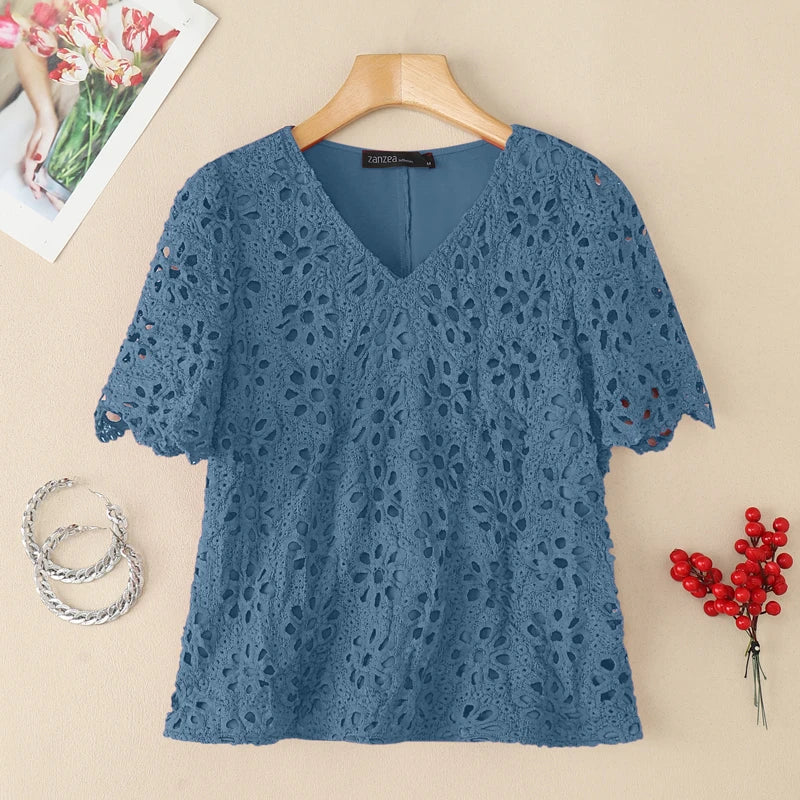 ZANZEA Summer Embroidered Openwork Blouses Women V-Neck Short Sleeve Hollow Out Lace Blusas Mujer Casual Fashion Solid Chemises