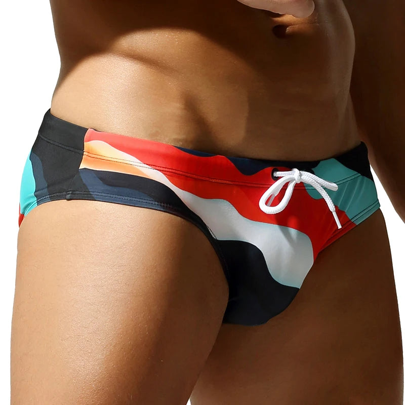 Men's Quick Dry Swim Briefs Colorful Wave Print Drawstring Bikini Trunks Low Waist Beach Swimwear Bathing Suits for Men swimsuit