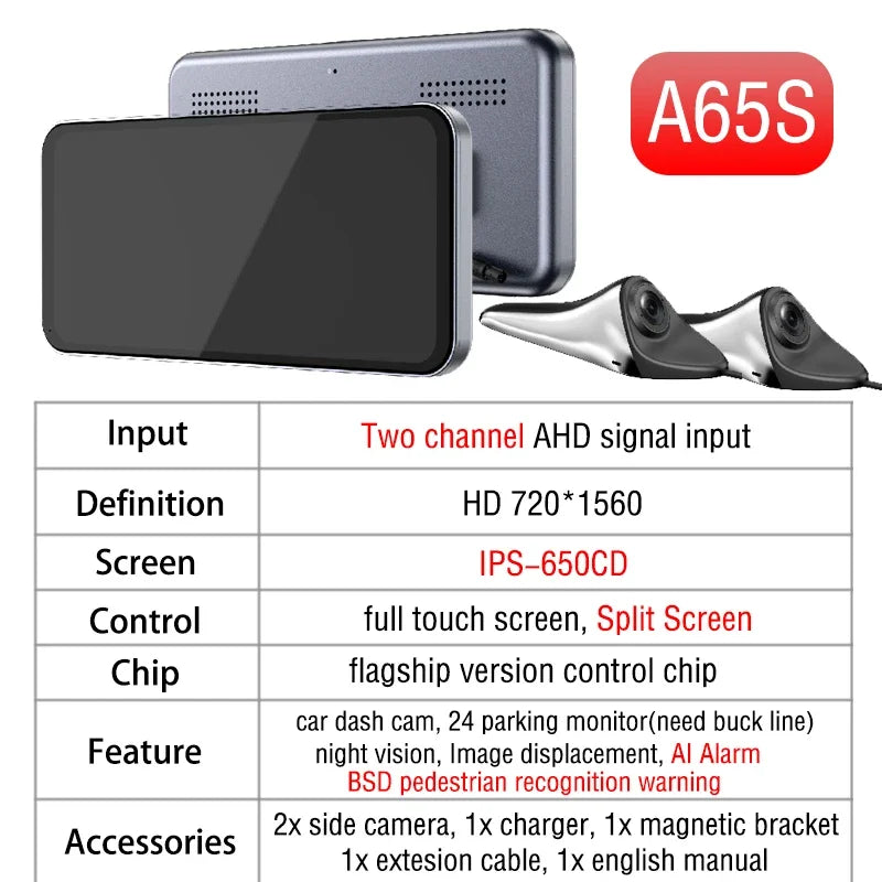 CMS Car Rear View Camera, Blind Spot Auxiliary Reversing System, Backup Side Camera Screen, IP68 Waterproof AHD Smart Monitor