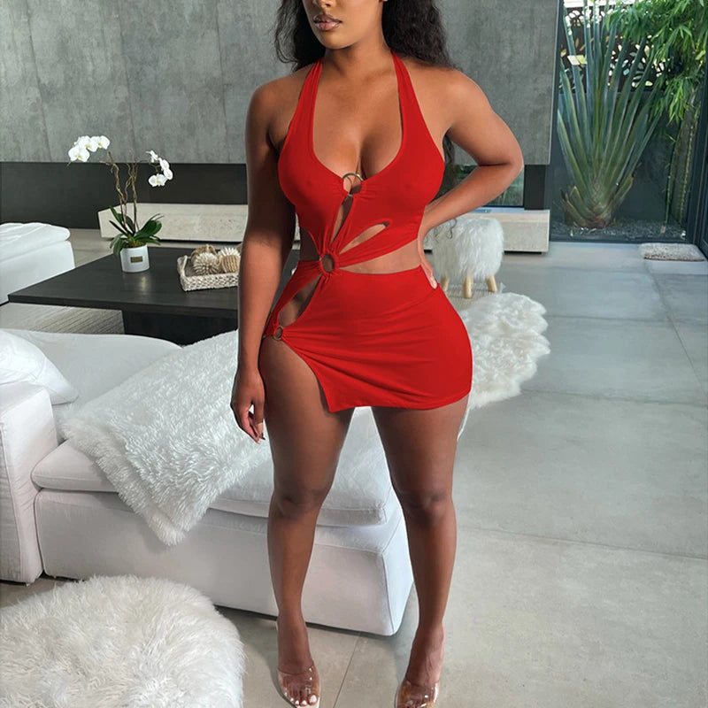 Summer Dresses Woman 2022 High Street Stretch Slim Hollow Sexy Mini Bodycon Dress Elegant Orange Sleeveless Club Party Sundress
