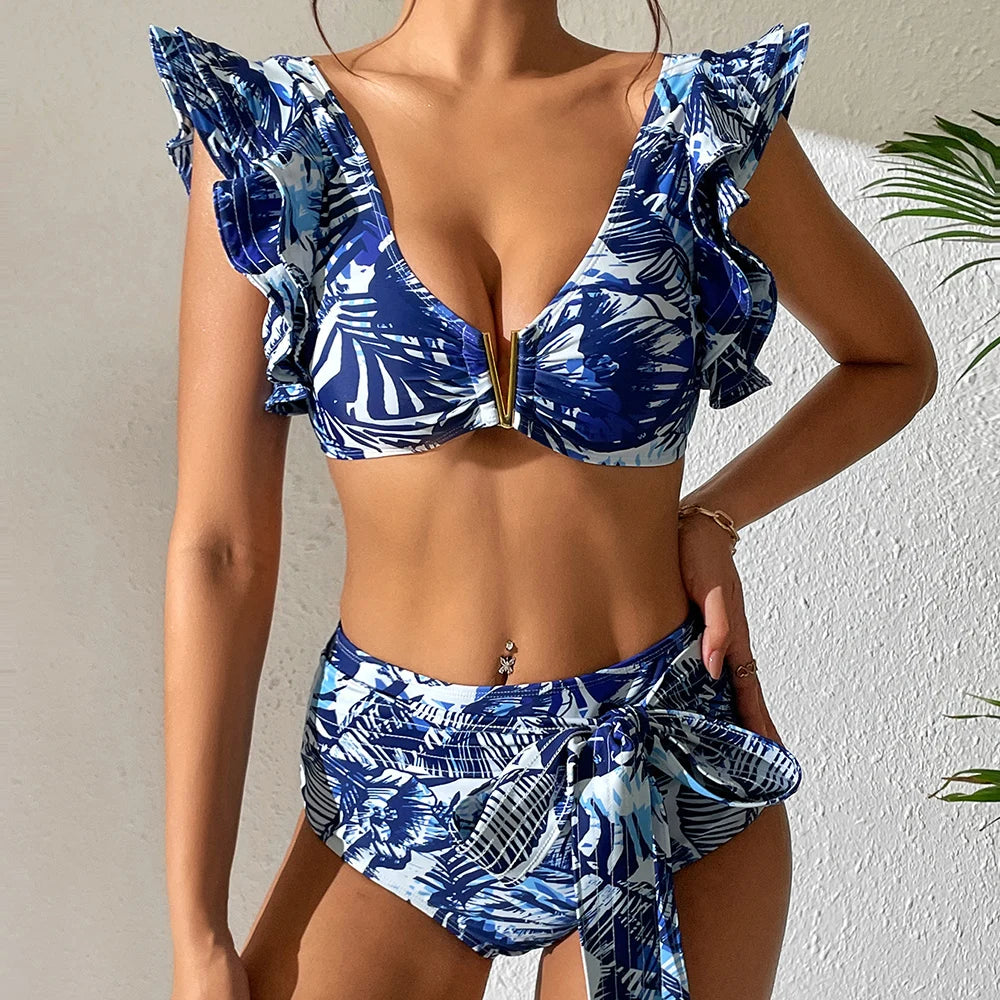 2026 Sexy Bikini Set Women High Waist Classic Off Solid Ruffle Sleeves Swimwear Red Separate Deep V Swimsuit Vintage Beach Set