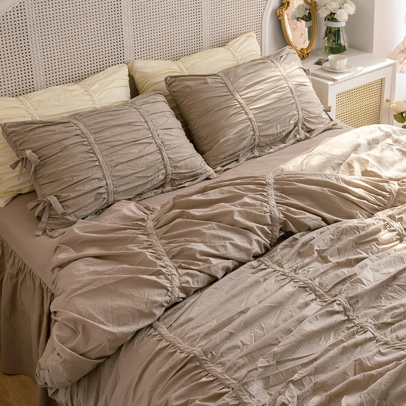100% Cotton Washed Ruffle Bedding Set White Duvet Cover Set Queen King Size With Bow Ties Ultra Soft Breathable 4Pcs Bedclothes