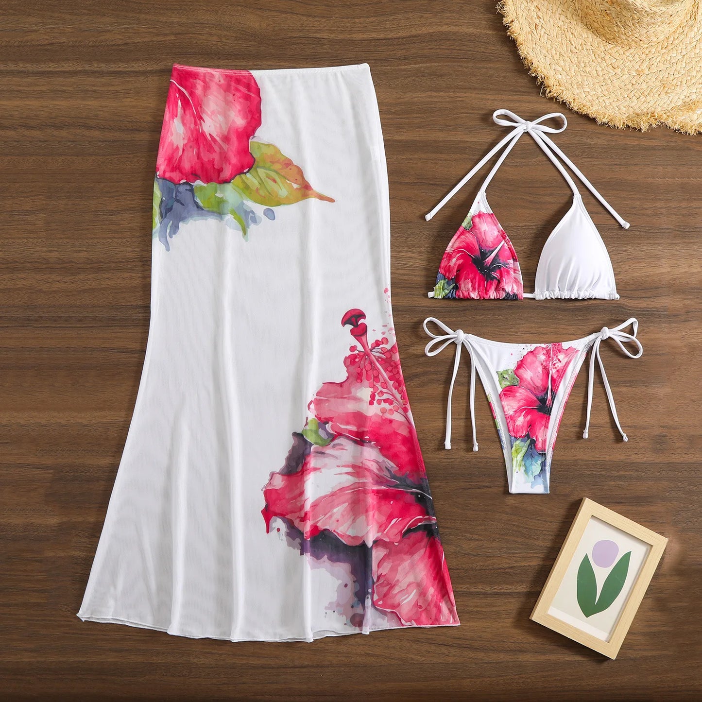 2026 New Flower Print Bikini Set Women's High Waist Long Skirt 3 Piece Swimsuit Sexy Mini Triangle Backless Thong Bathing Suit