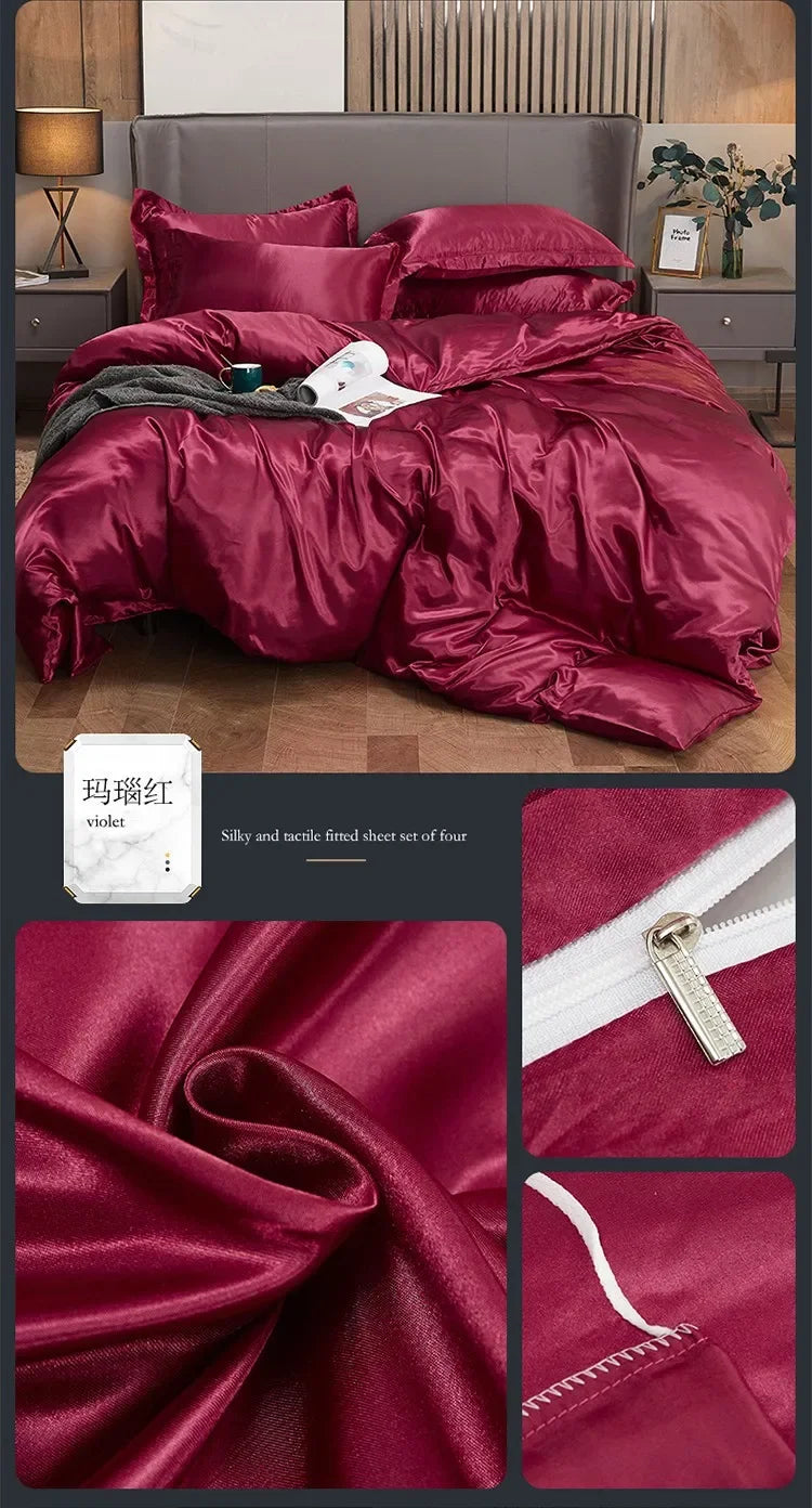 Solid Color Silk-like Bedding European and American Bed Sheet Quilt Cover Pillowcase