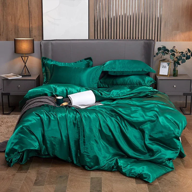 Solid Color Silk-like Bedding European and American Bed Sheet Quilt Cover Pillowcase