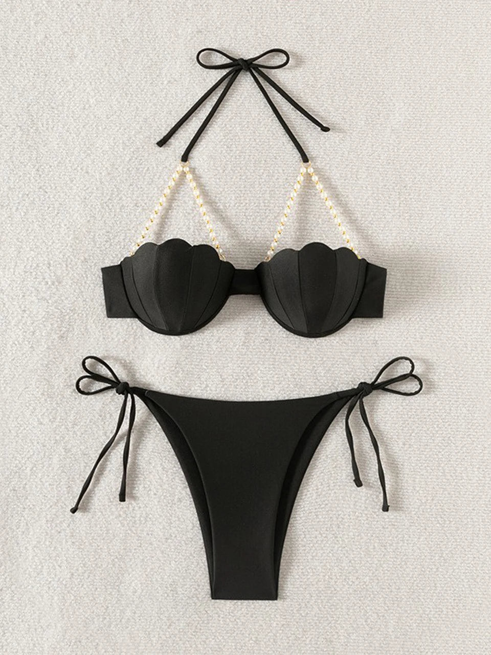 Solid String Pearls Bikini Women Push Up Sea Shell Swimsuit Ruffle High Waist Swimwear Female Bathing Swim Suit Bather Beachwear