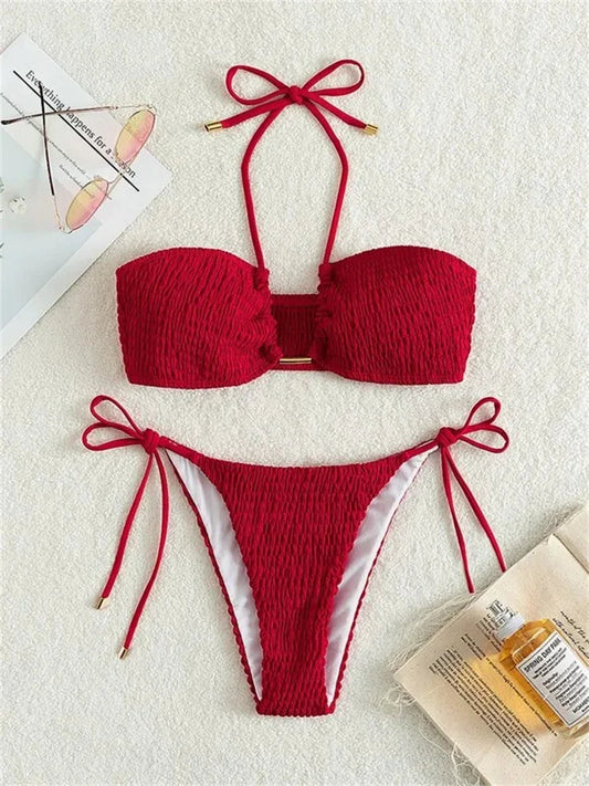 Sexy Triangle Bikini 2026 Women Red Black Ribbed Push Up Micro Swimsuit Cut Out Metal Designer Bathing Suit Knot Thong Swimwear