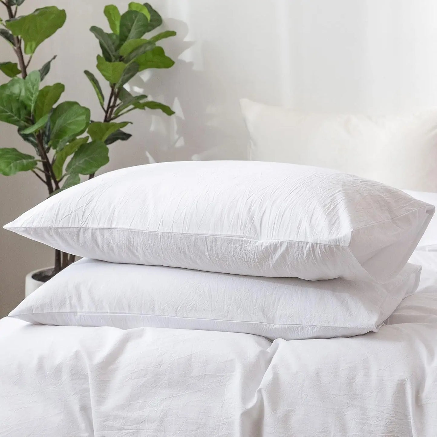 Bedding Standard Pillowcases Pack of 1 100% Washed Cotton Linen Like Textured Breathable Durable Soft Solid White No inserts