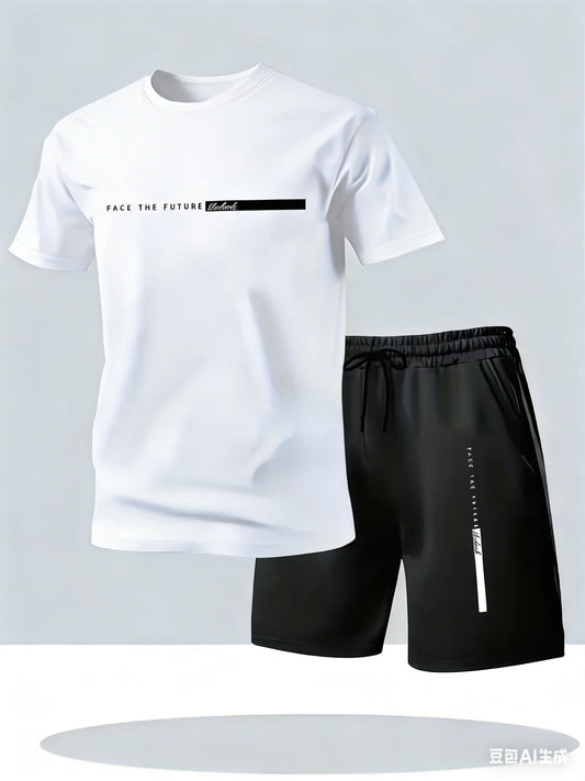 Men's summer sports two-piece set: letter crewneck t-shirt and shorts, breathable, quick-drying, lightweight outdoor casual wear