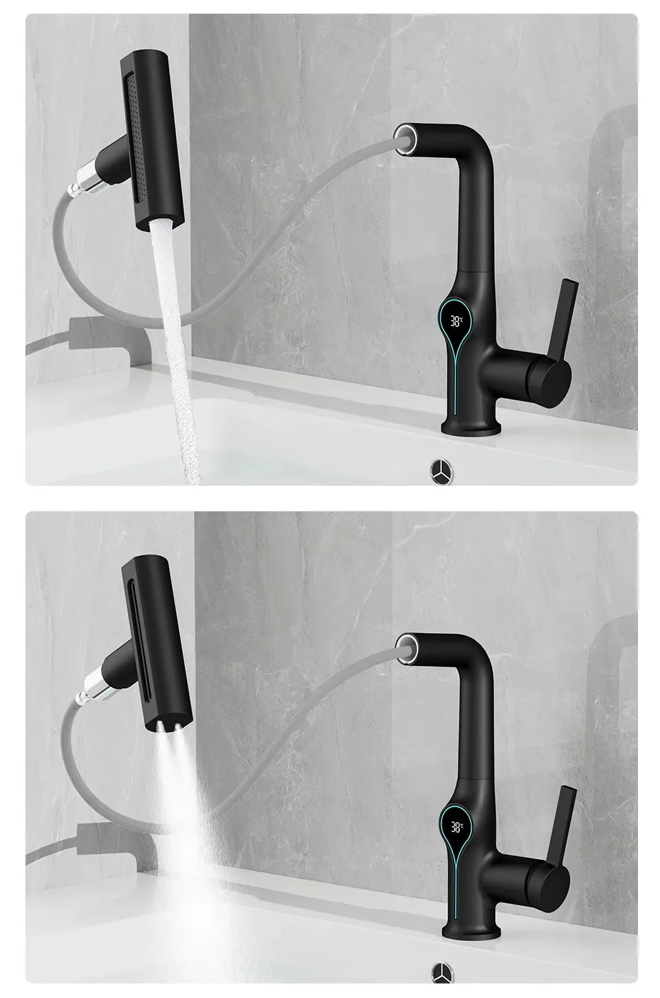 Lift Up Down Stream Sprayer Hot Cold Water Sink Mixer Wash Tap For Bathroom Waterfall Temperature Digital Display Basin Faucet