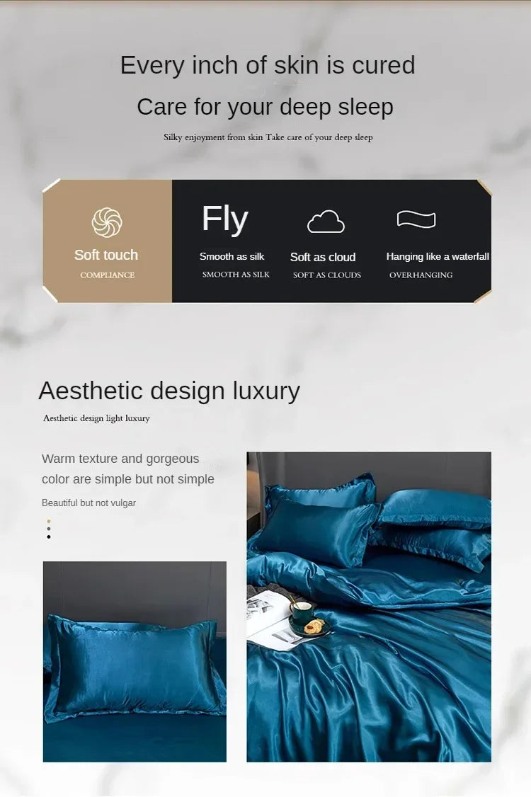 Solid Color Silk-like Bedding European and American Bed Sheet Quilt Cover Pillowcase