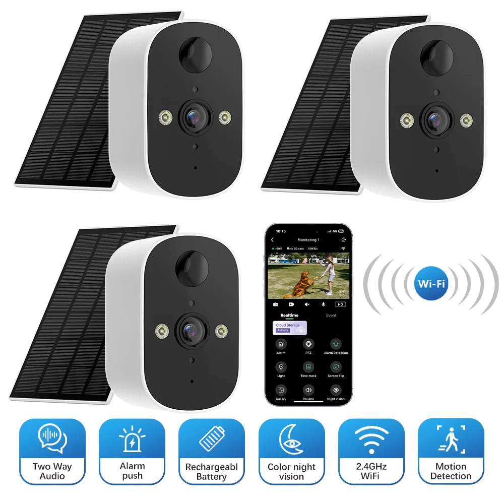 Solar Security Camera Wireless Outdoor 3MP Home Surveillance IP65 Waterproof Color Night Vision Two Way Audio Human Detection
