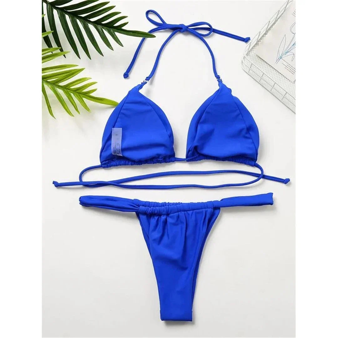 PU Pleated Ruched Bikinis Mini Micro Thong Bikini Women Swimwear Female Swimsuit Two-pieces Bikini Set Halter Bathing Suit Swim