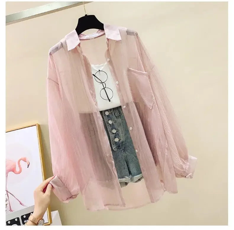 Summer Women's Elegant Chiffon Sunscreen Shirt Korean Harajuku Style See-Through Loose Blouse Thin Perspective Cardigan Yk2 Tops