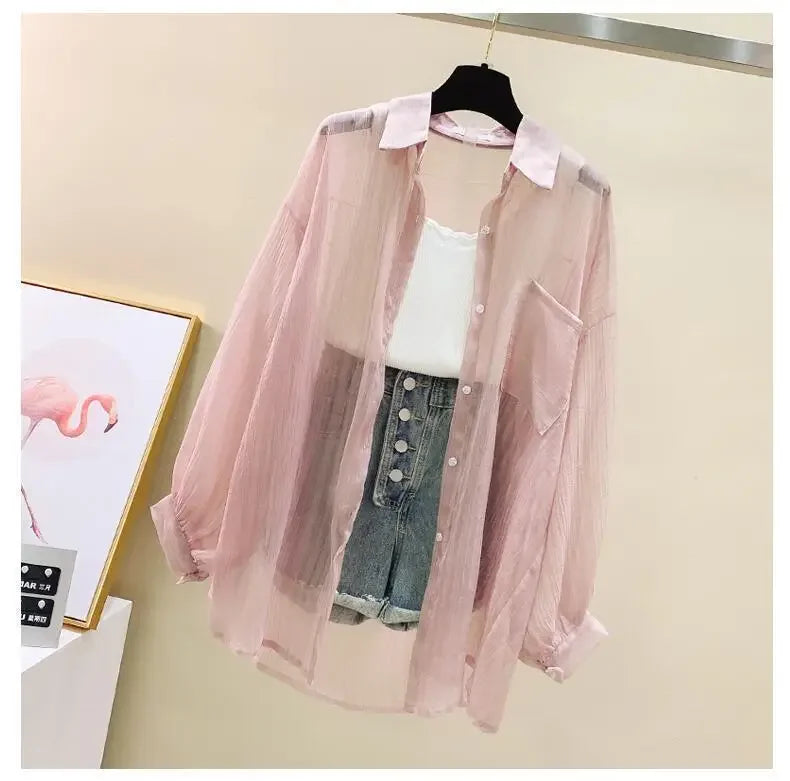 Summer Women's Elegant Chiffon Sunscreen Shirt Korean Harajuku Style See-Through Loose Blouse Thin Perspective Cardigan Yk2 Tops