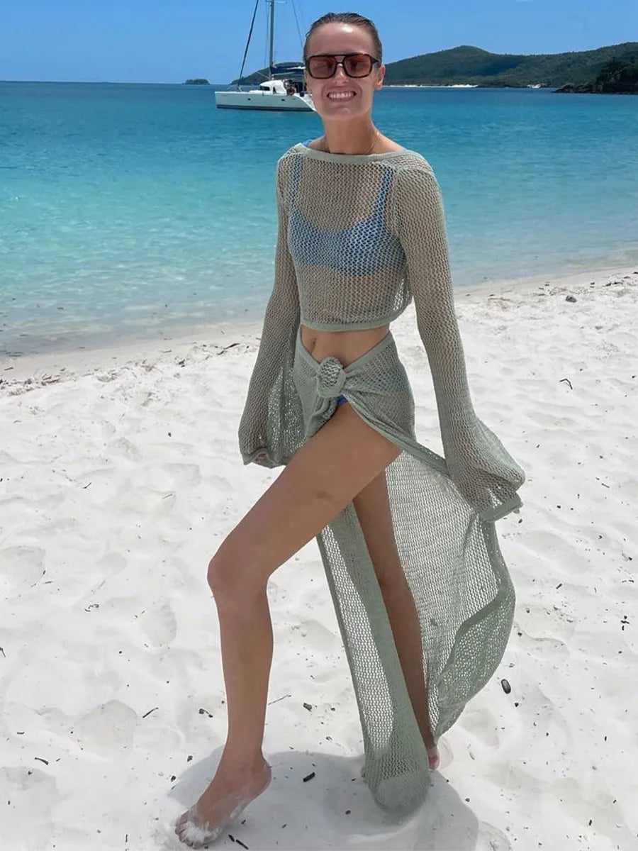 Cryptographic Hollow Out Knitted Top and Skirt Sets Outfits Women Elegant Summer Wrap Over Split 2 Piece Set Holiday Beachwear