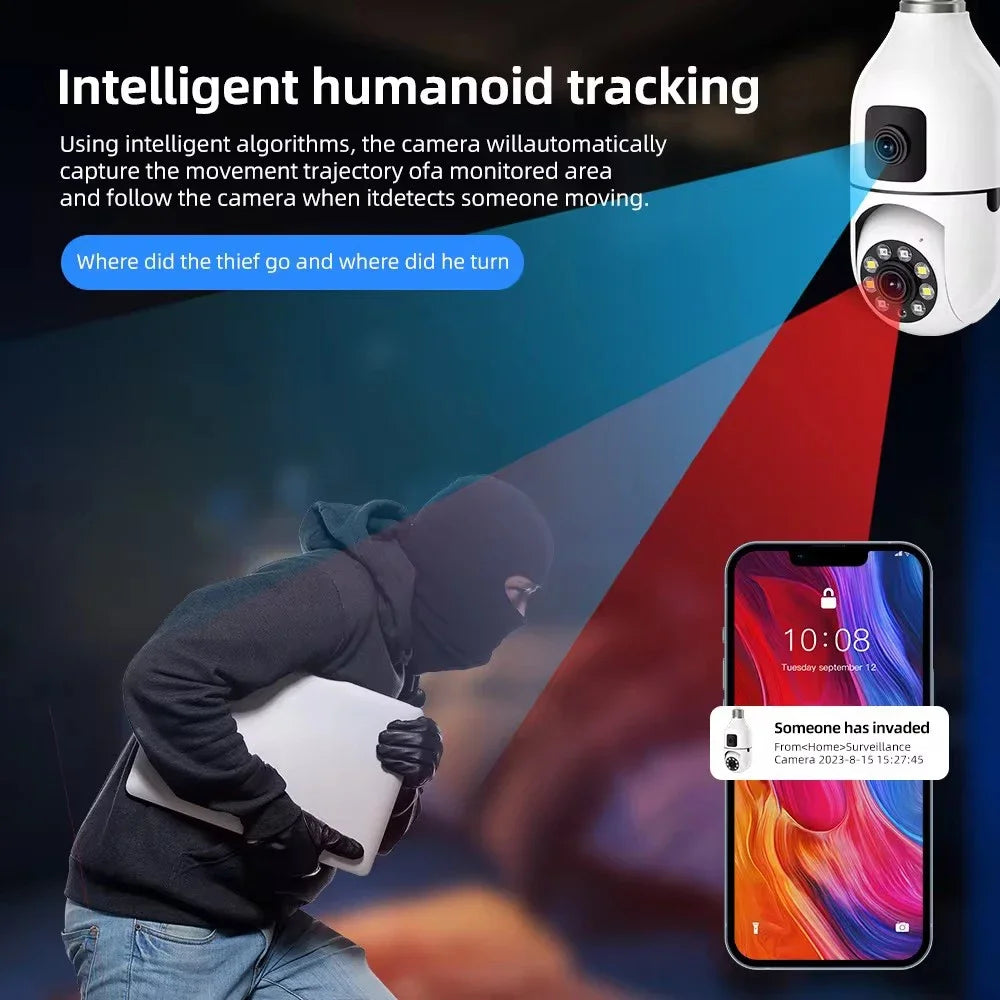 CCTV Security Camera with Dual Lens, PTZ Camera, Night Vision, Human Detection, Wi-Fi, Smart Home, 6MP Bulb, 2.4Ghz