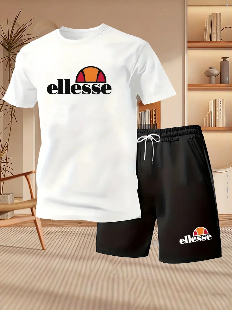 2026 Summer New Men's Fashion Outdoor Sports Set Printed Short Sleeve T-shirt+Shorts Loose Home Leisure Two Piece Set