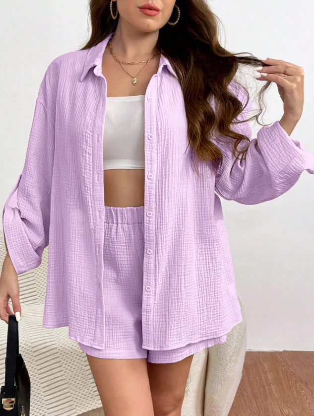 Solid Color Casual Loose Short Pants Sets For Women 2025 Elegant Summer Women's Two Pieces Suit Full Set Female Outfit Clothes