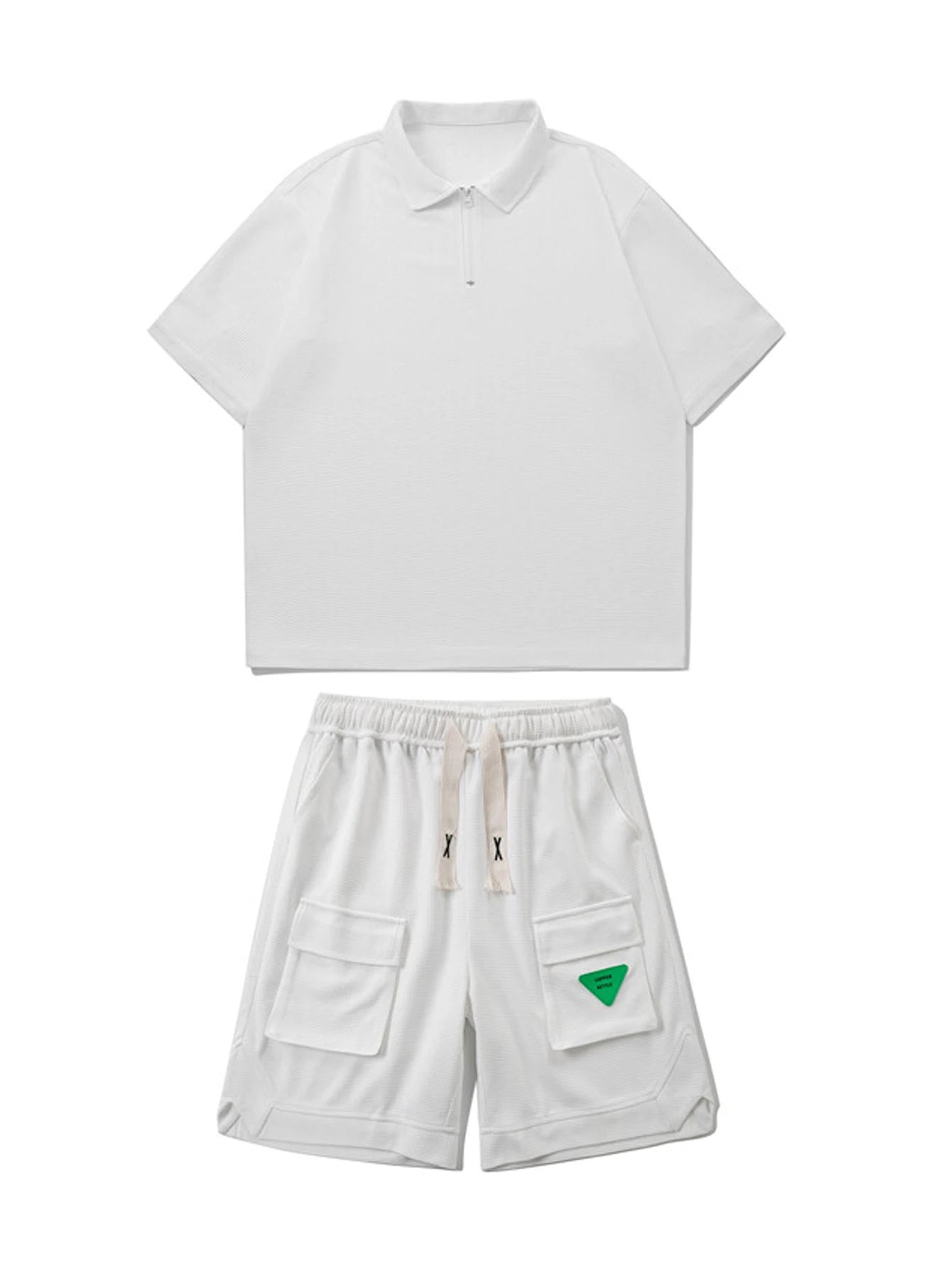 2-piece men's summer casual outdoor set, fashionable collar short sleeved T-shirt and pocket shorts set, with drawstring, suitab