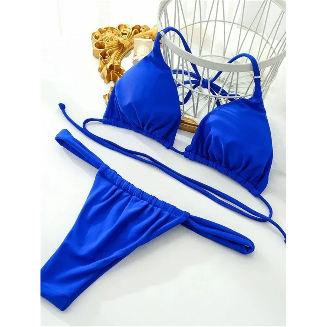PU Pleated Ruched Bikinis Mini Micro Thong Bikini Women Swimwear Female Swimsuit Two-pieces Bikini Set Halter Bathing Suit Swim