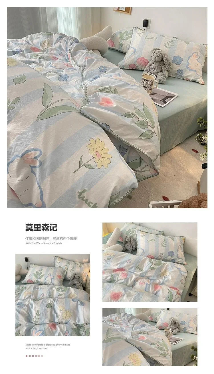 Bedding Set  Girls Cherry  Soft Washed Cotton Bed Sheet Queen King Size Duvet Set  Comforter Set Pillowcase Bed Linens