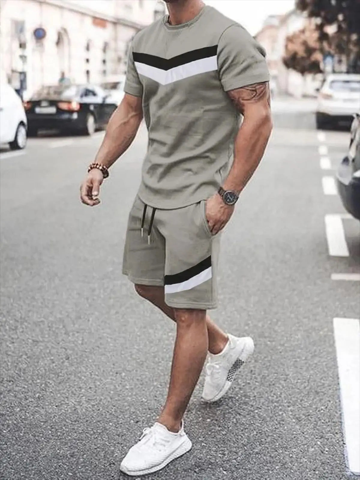 Men's summer striped letter printed soft and breathable round neck T-shirt shorts set, outdoor urban casual two-piece set