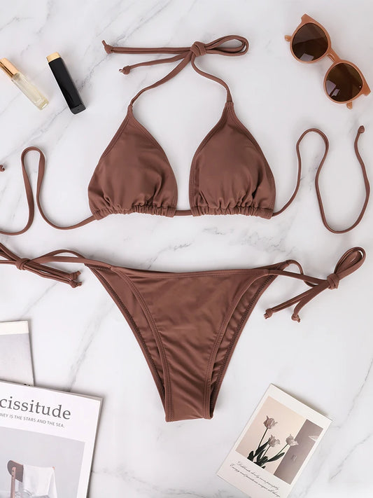 Women's New Thong Bikini Two-Piece Set 2025 Summer Popular Sexy Beach Style Lace-up Lady's Swimwear Micro Thongs Bikini Swimsuit