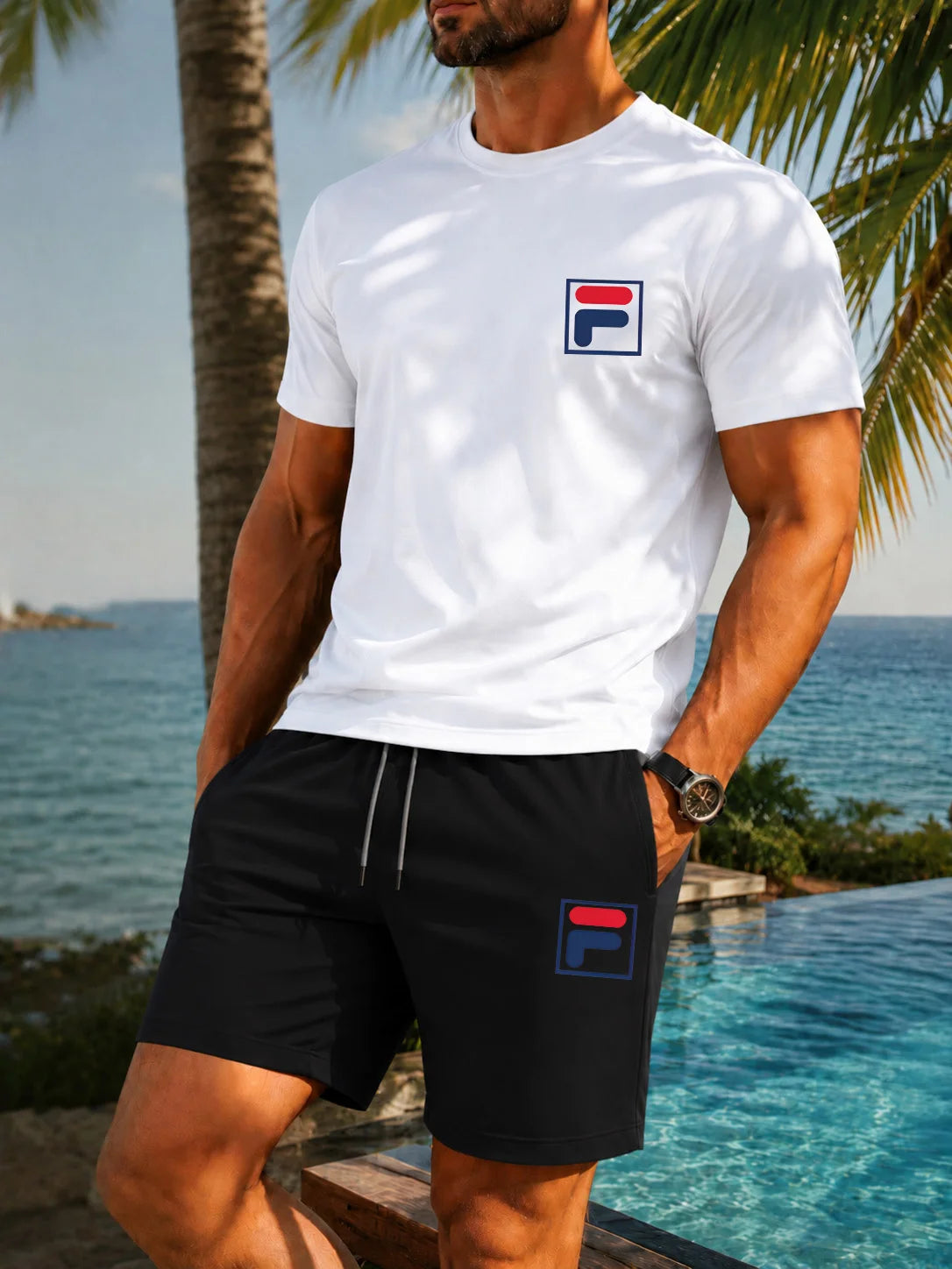 Men's Printed Two-piece Set, Casual Short Sleeved T-shirt and Drawstring Shorts Set, Men's Summer Breathable Street Sportswear