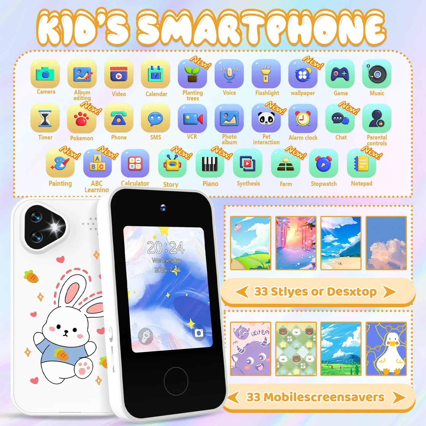 Kids Smart Phone with Dual Camera, 2.8" Touchscreen, 720P IPS Display, Battery, USB-C Charging, 4+ Years Old, prefer gift