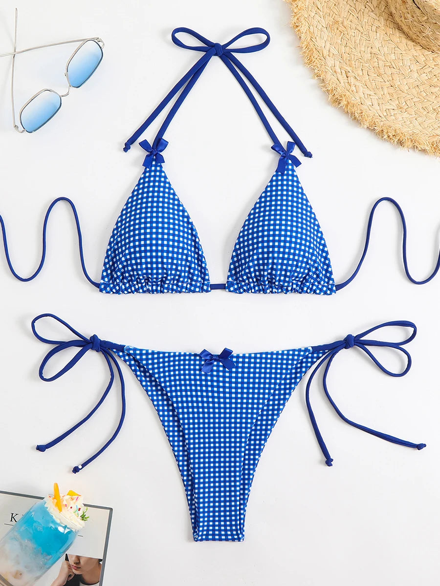 Sexy Bikini Women's Swimsuit Butterfly Decor Checked Swimwear 2026 Halter Thong Bikinis Sets Swimming for Beachwear Bathing Suit