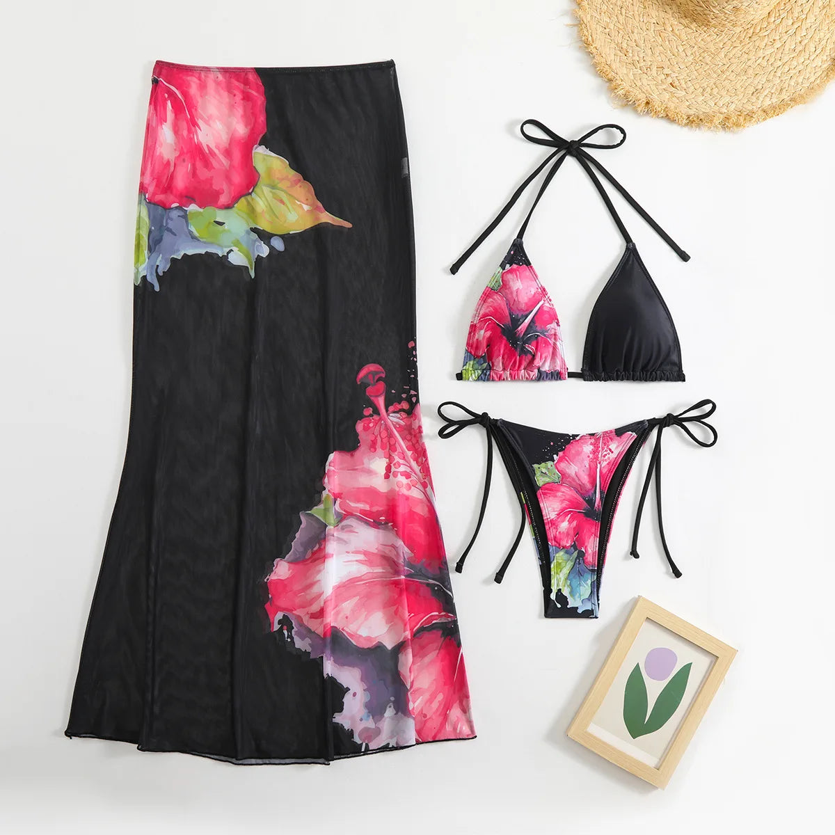 2026 New Flower Print Bikini Set Women's High Waist Long Skirt 3 Piece Swimsuit Sexy Mini Triangle Backless Thong Bathing Suit